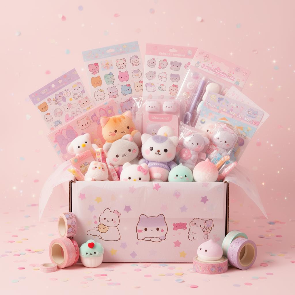 Box surprise kawaii remplie de plush et de papeterie pastel